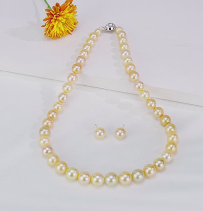 8.0-13.0mm Golden Round South Sea Pearls Necklace Set - AAA Quality