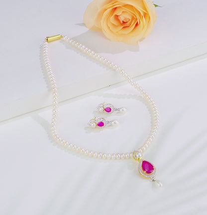 Designer Red Stone Freshwater Pearls Necklace Set